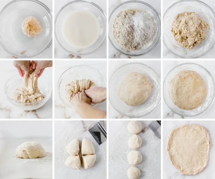 12 image collage showing steps for making sourdough pizza crust.