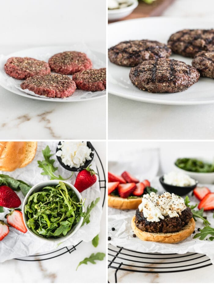 four image collage showing steps for making a grilled strawberry basil goat cheese burger.