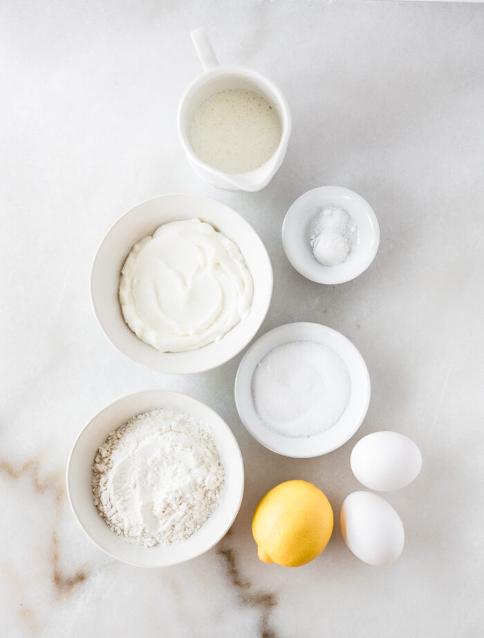 overhead view of ingredients needed to make lemon ricotta pancakes.