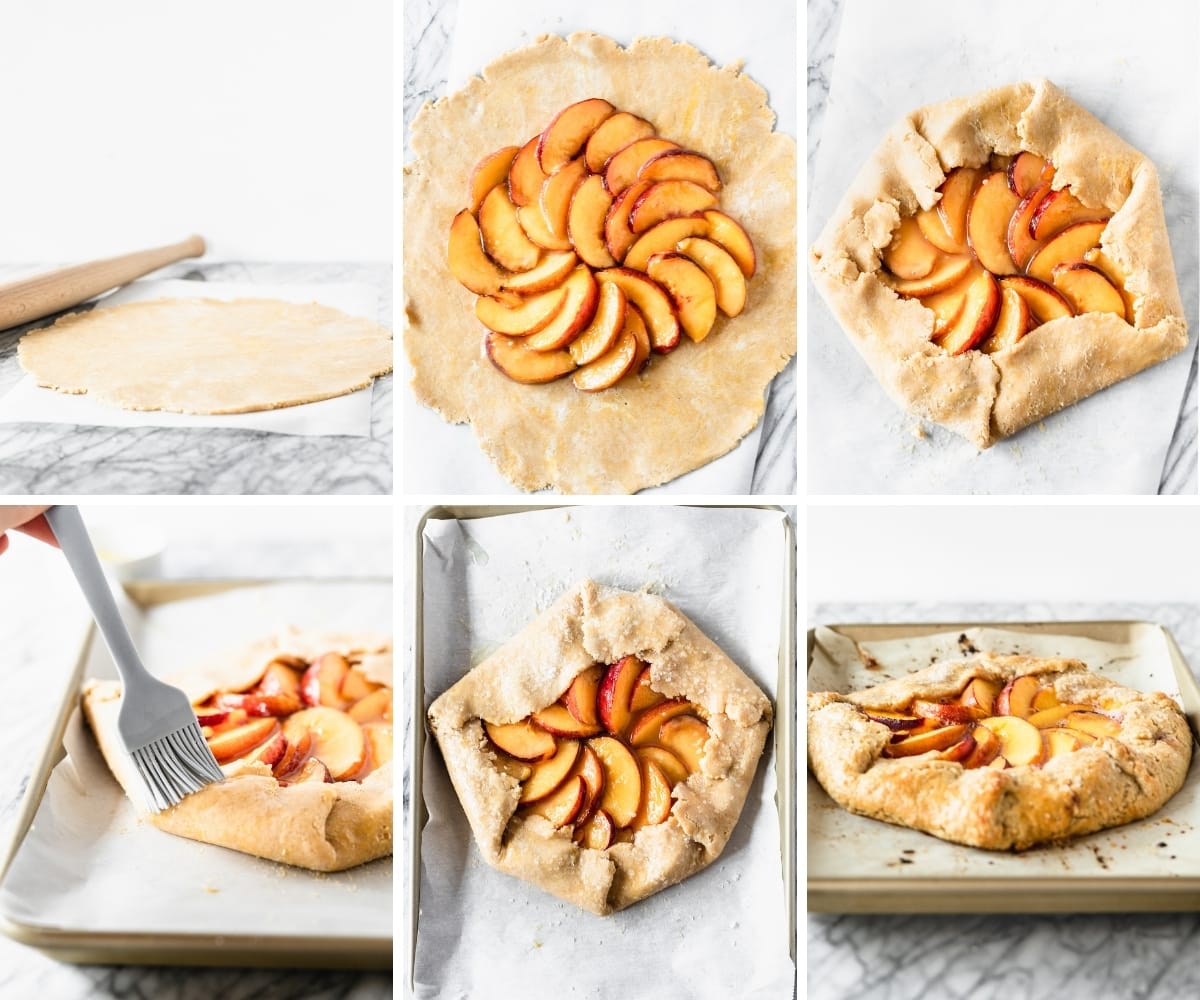 six image collage showing steps for assembling a peach galette.