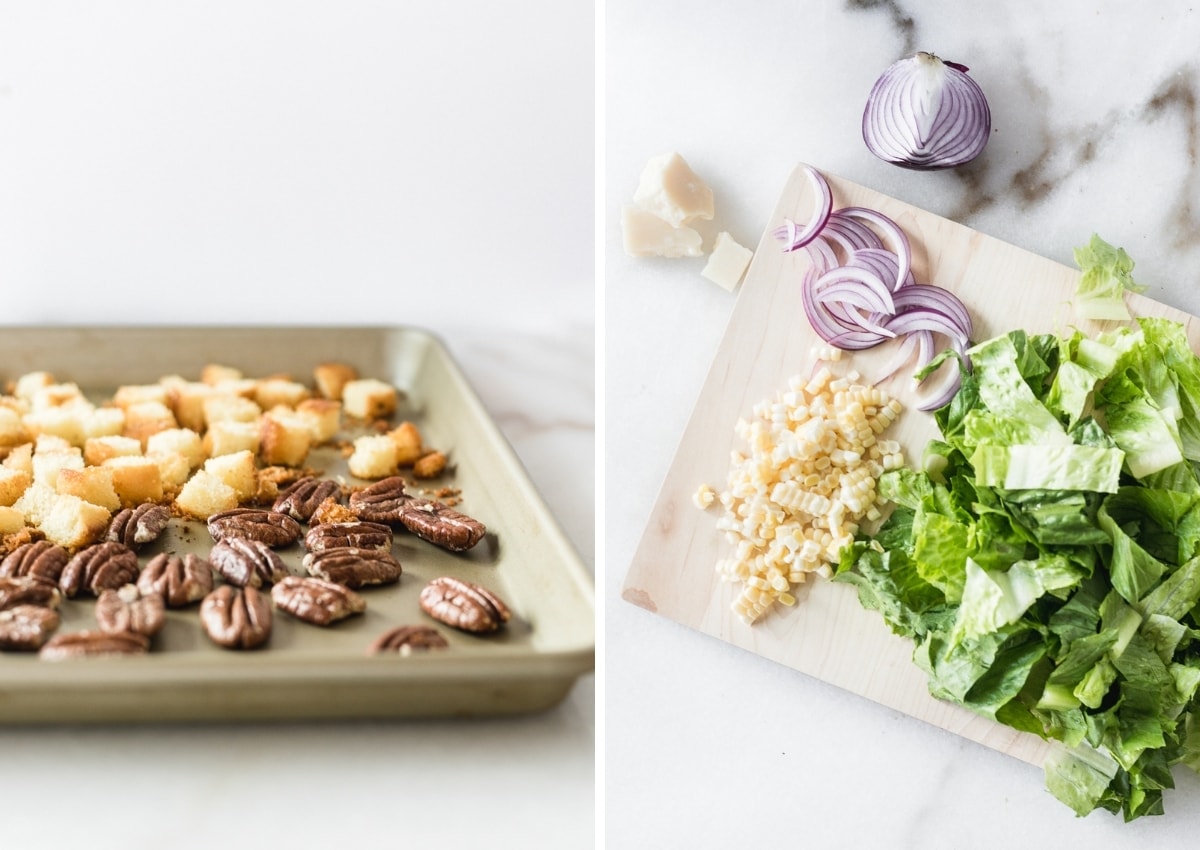 two image collage of a sheet pan with cornbread croutons and toasted pecans on it, and chopped lettuce, corn and onion on a cutting board.