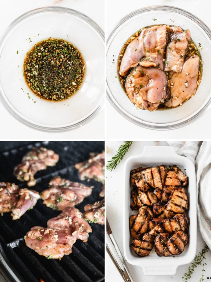 four image collage showing steps for making maple thyme grilled chicken.