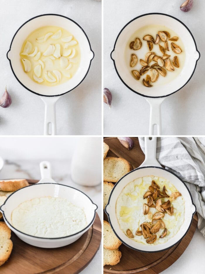 four image collage showing steps for making crispy garlic goat cheese dip.