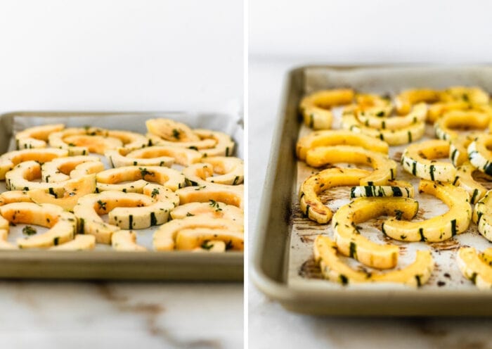 two image collage of sliced raw delicata squash on a baking sheet and the roasted squash on a baking sheet.
