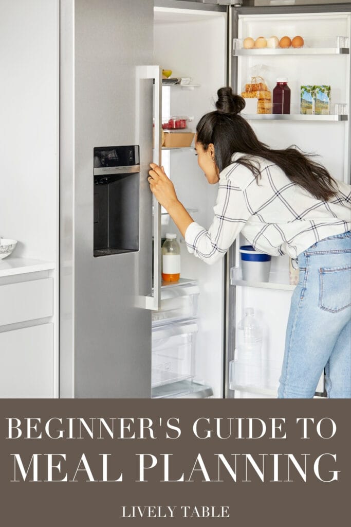 woman in a black and white shirt bending to look in the refrigerator with text overlay.