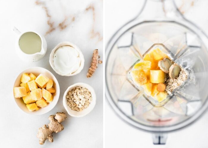 two side by side images of ingredients needed to make a mango ginger turmeric smoothie and the ingredients in a blender.