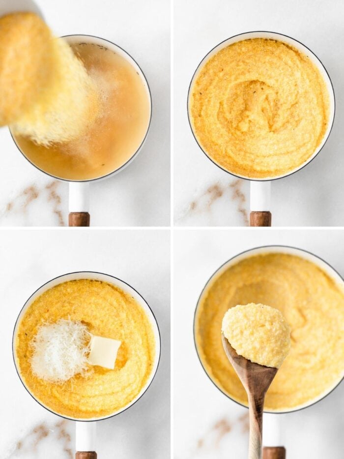 four image collage showing steps for making parmesan polenta.