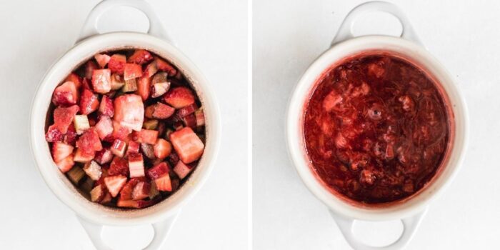 two side by side images showing steps for making strawberry rhubarb tart filling.