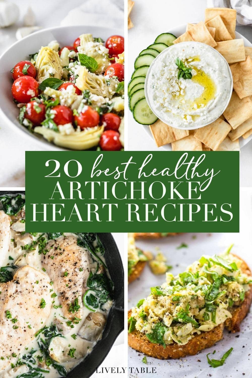 4 image collage with text overlay featuring healthy artichoke hearts recipes. 