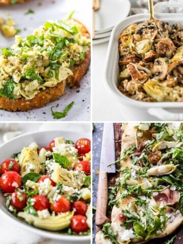 four image collage of various healthy artichoke hearts recipes.