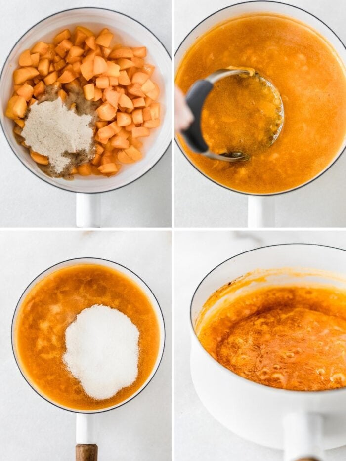 four image collage showing steps for making lower sugar apricot jam.