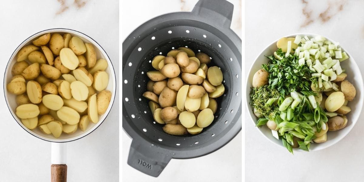 three image collage showing boiled baby potatoes in a saucepan, potatoes in a strainer, and french potato salad ingredients in a white bowl.