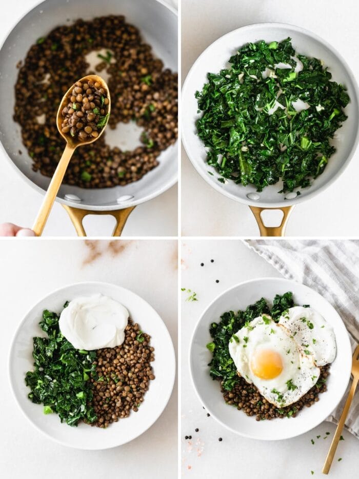 four image collage showings steps for making a kale lentil breakfast bowl.
