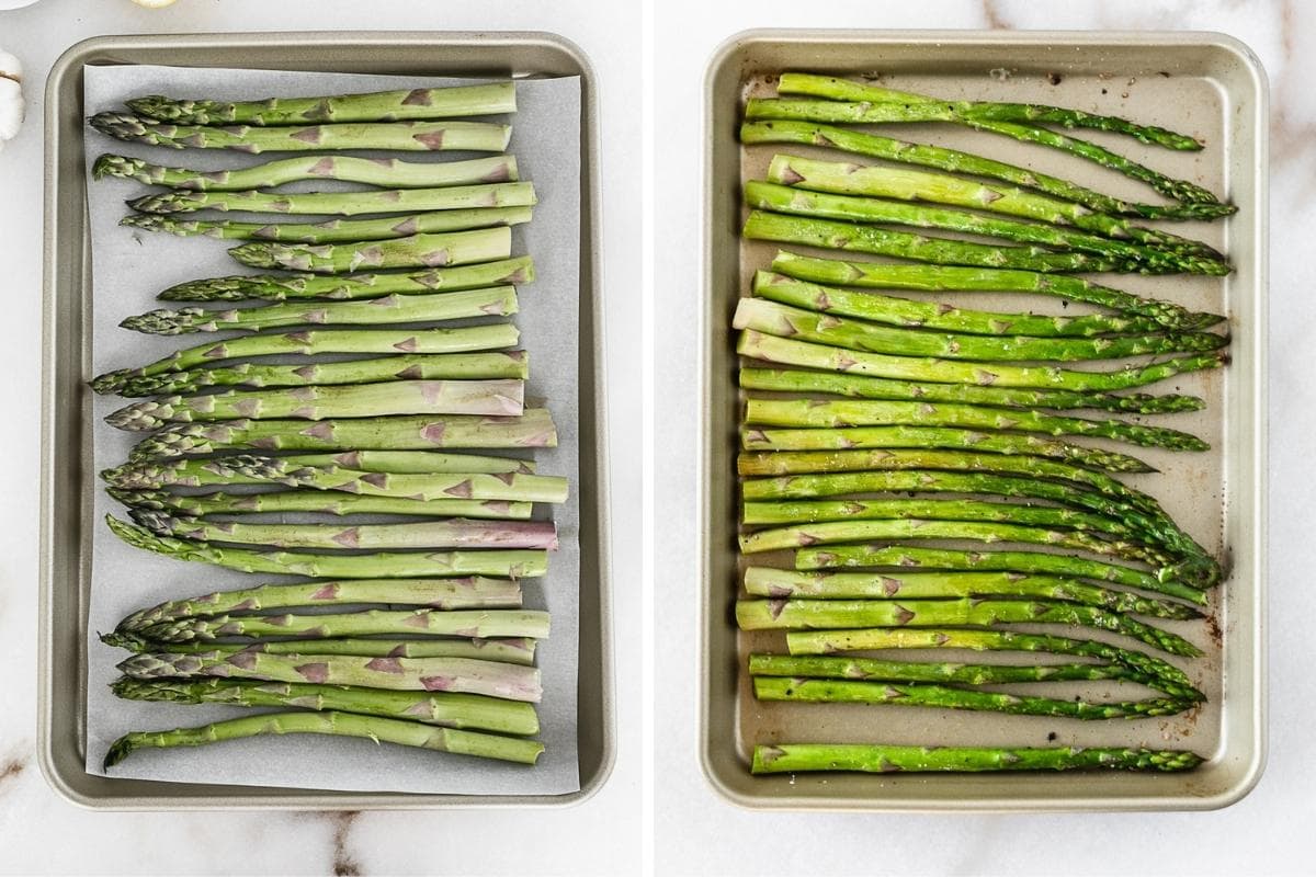 two image collage showing raw asparagus on a baking sheet and roasted asparagus on a baking sheet.