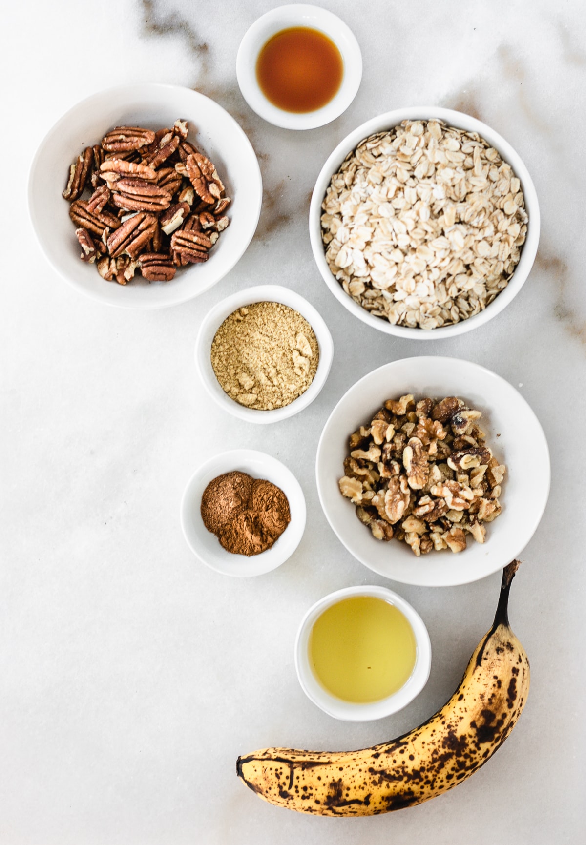 overhead view of ingredients needed to make banana nut bread granola.