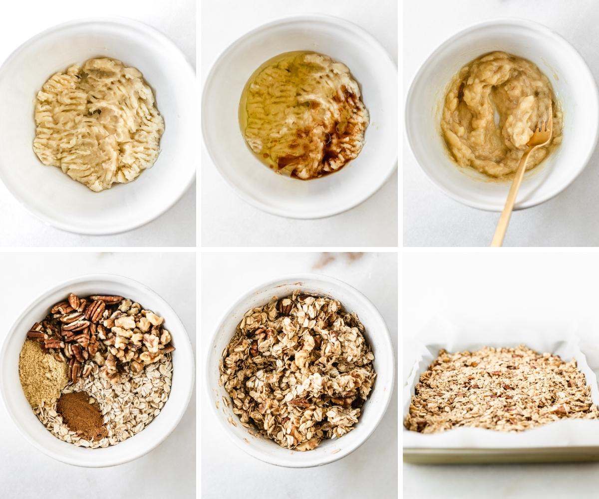 six image collage showing steps for making banana nut granola.
