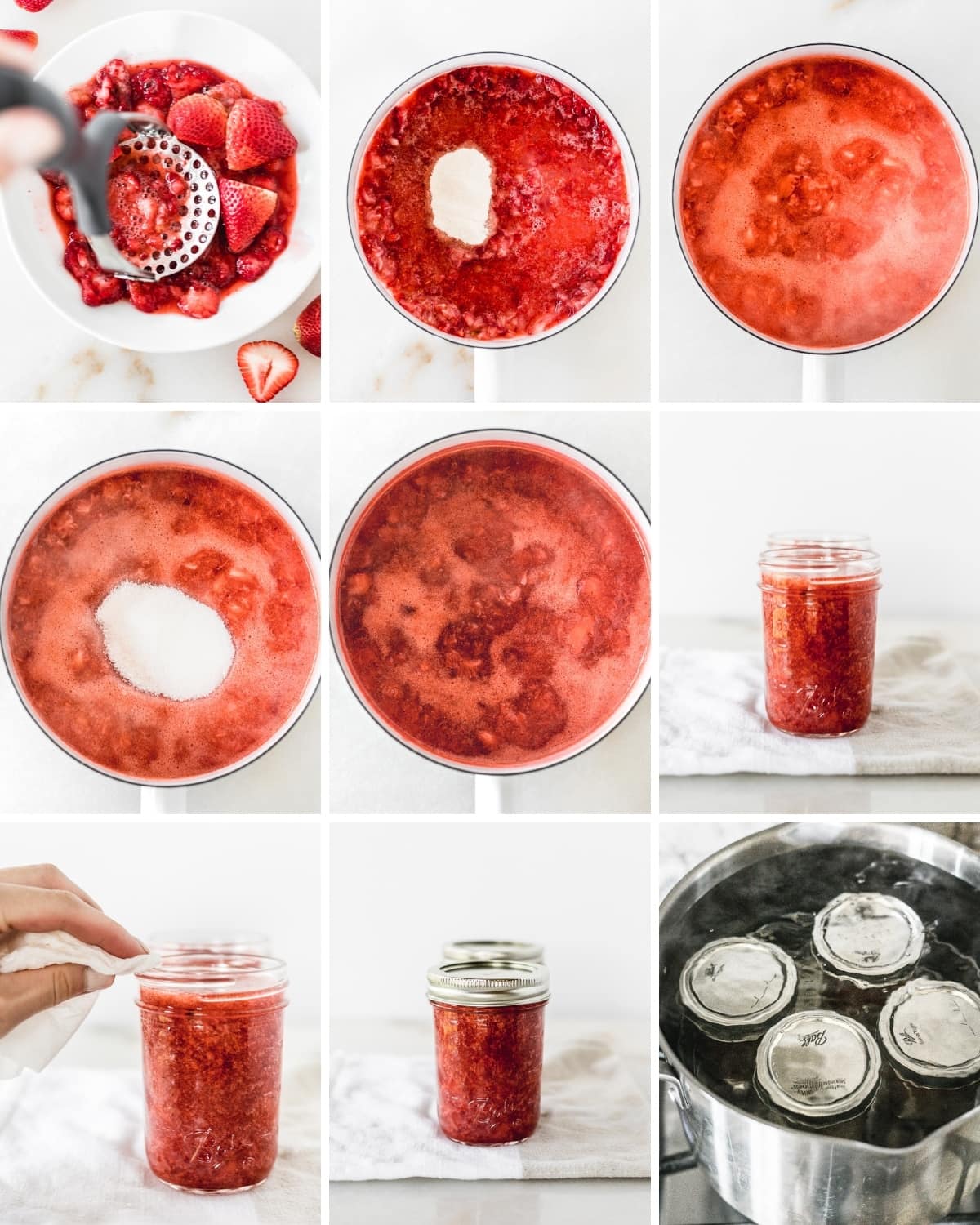 9 image collage showing steps for making and canning low sugar strawberry jam with pectin.
