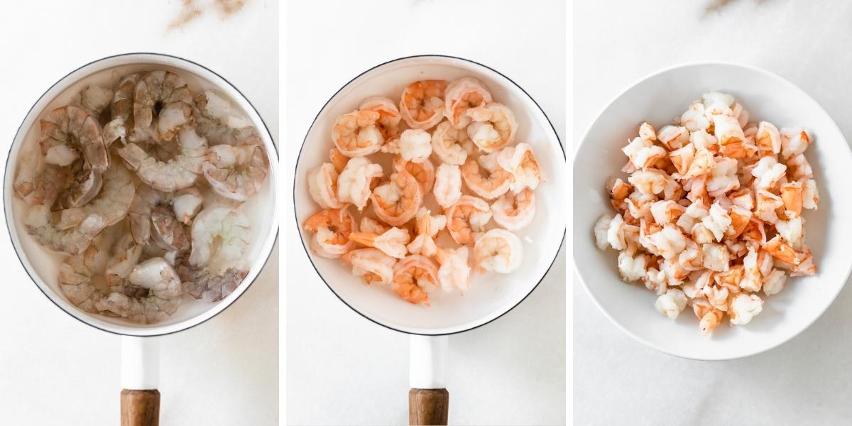 three image collage showing steps for making the shrimp for shrimp rolls.