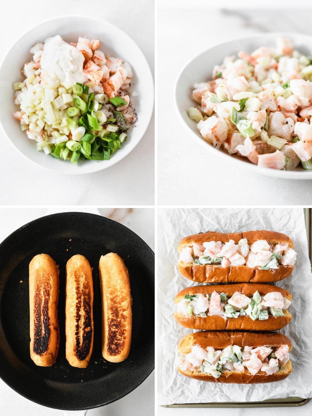 four image collage showing steps for making shrimp salad and new england shrimp rolls.